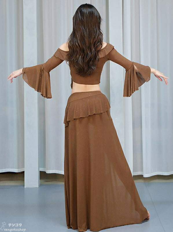 全4色 ベリーダンス 衣装 セット Belly dance ドレス インナーパンツ付き ベリーダンス衣装 2点セット 大人 大きいサイズ 発表会 練習着 ダンスセット 社交ダンス レッスンウェア レッスン着 レディース トップス+スカート 長袖 スピーカー袖 M L XL 送料無料 3