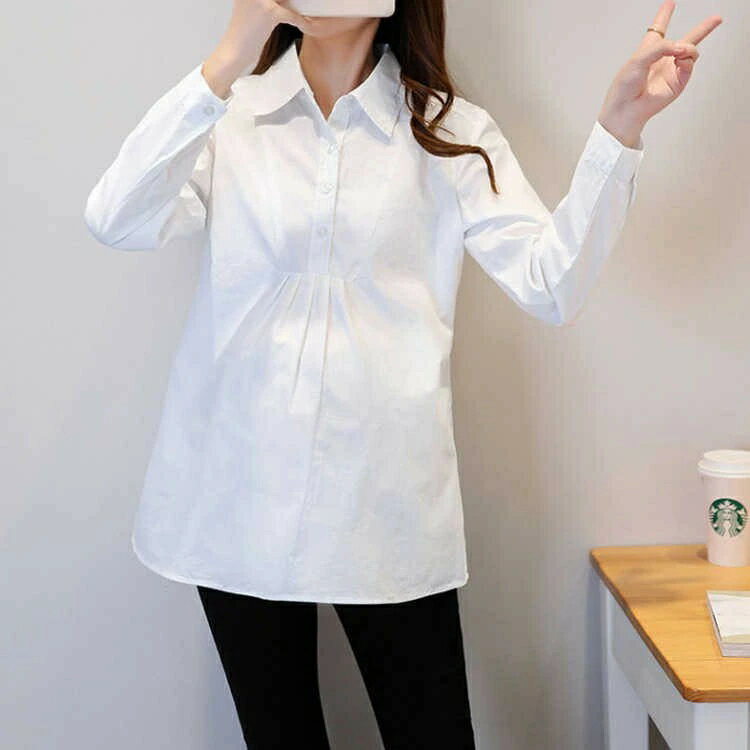 マタニティ服 シャツ ブラウス トップス マタニティウエア マタニティブラウス チュニック 長袖 白シャツ 産前産後 妊娠 バック紐付き 無地 ベーシック