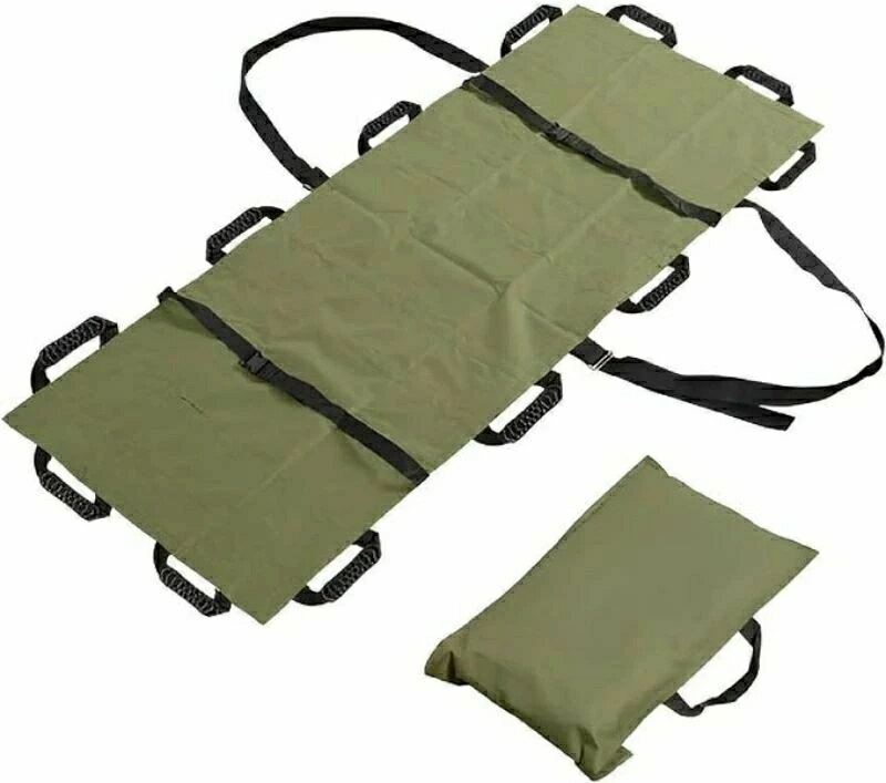 折りたたみ式担架です。大人一人、100kgまで対応可能。持ち手は12か所、2人〜4人で運ぶことができます。身体を留めるベルト付き！ コンパクトに折りたたんで収納可能。持ち運びも便利。イベント会場やアウトドアなど、特設会場や車、ご自宅に一つ準...