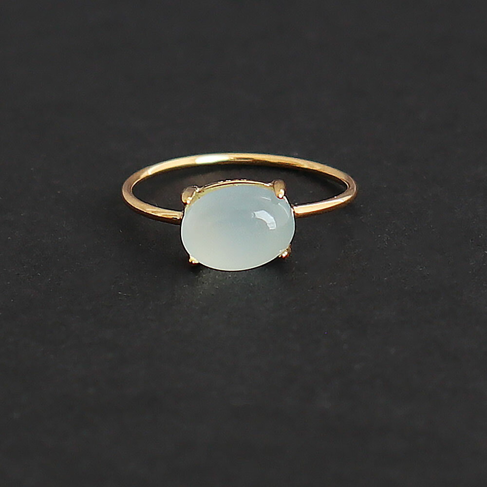 【横向き】 シーブルーカルセドニー オーバルカボション 約8×6mm 指輪 Silver925製 18KGP仕上げ ゴールド Silver925製 ロジウム仕上げ シルバー リング 華奢 女性 レディース 約9号 約11号 約13号 約15号 『ハンドメイドアクセサリー』