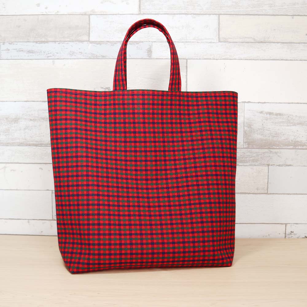 赤チェック 赤 ポケット付き マチあり トートバッグ / 通勤バッグ　A4　サブバッグ　タータンチェック..