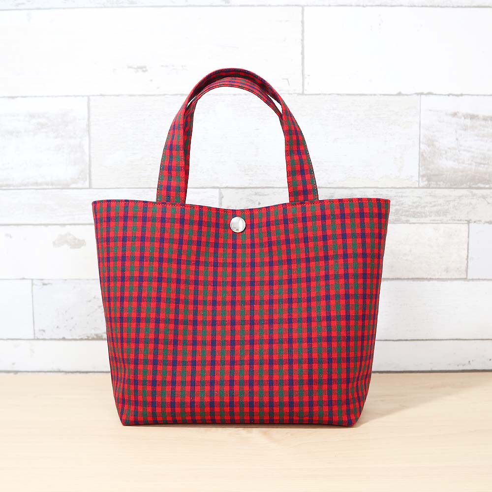 【ボタン付き】 赤チェック タータンチェック マチあり ミニトートバッグ ランチバッグ サブバッグ ミニバッグ 上品チェック柄 大人ナチュラル 上品かわいい お出かけにも便利 『ハンドメイドバッグ』『ハンドメイド作品』