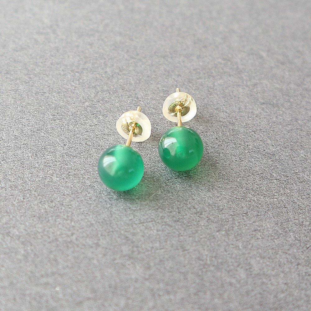 グリーンオニキス ラウンド 約5.5-6mm k18金スケルトンキャッチ付き スタッドピアス / k18 18金 ゴールド 『ハンドメイドアクセサリー』