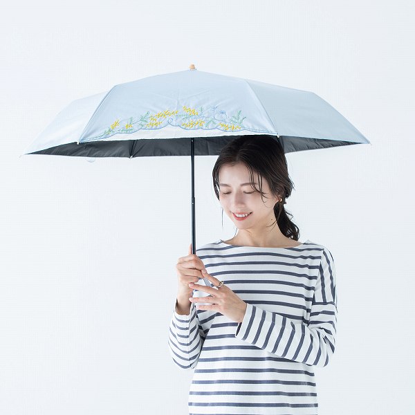 【遮光＆遮熱】黒コーティング晴雨兼用傘 50cm楽ミニ『ミモザと文鳥 mini』【送料無料】 （日傘 UV対策 紫外線対策 晴雨兼用 傘 雨傘 折りたたみ傘 折畳傘）