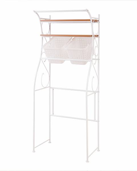 (納期10日前後出荷)アーチデザイン カントリー調 ランドリーラック 棚2段 バスケット2個付き【送料無料】(つっぱり 薄型 ラダー サニタリー、ハンガースタン...