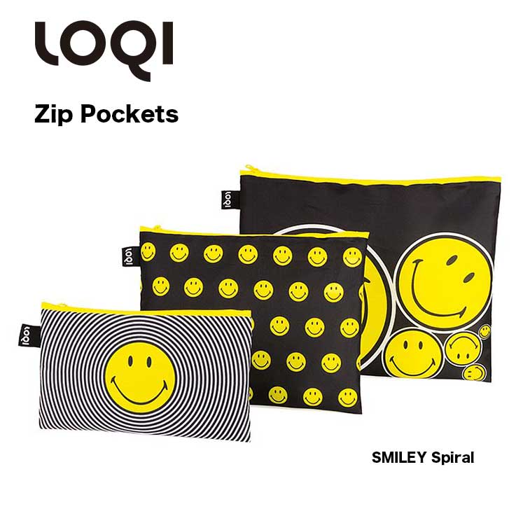 LOQI ローキー Zip Pockets 3サイズ1セット SMILEY Spiral ポーチ コンパクト 軽量 収納 エコバッグ おしゃれ