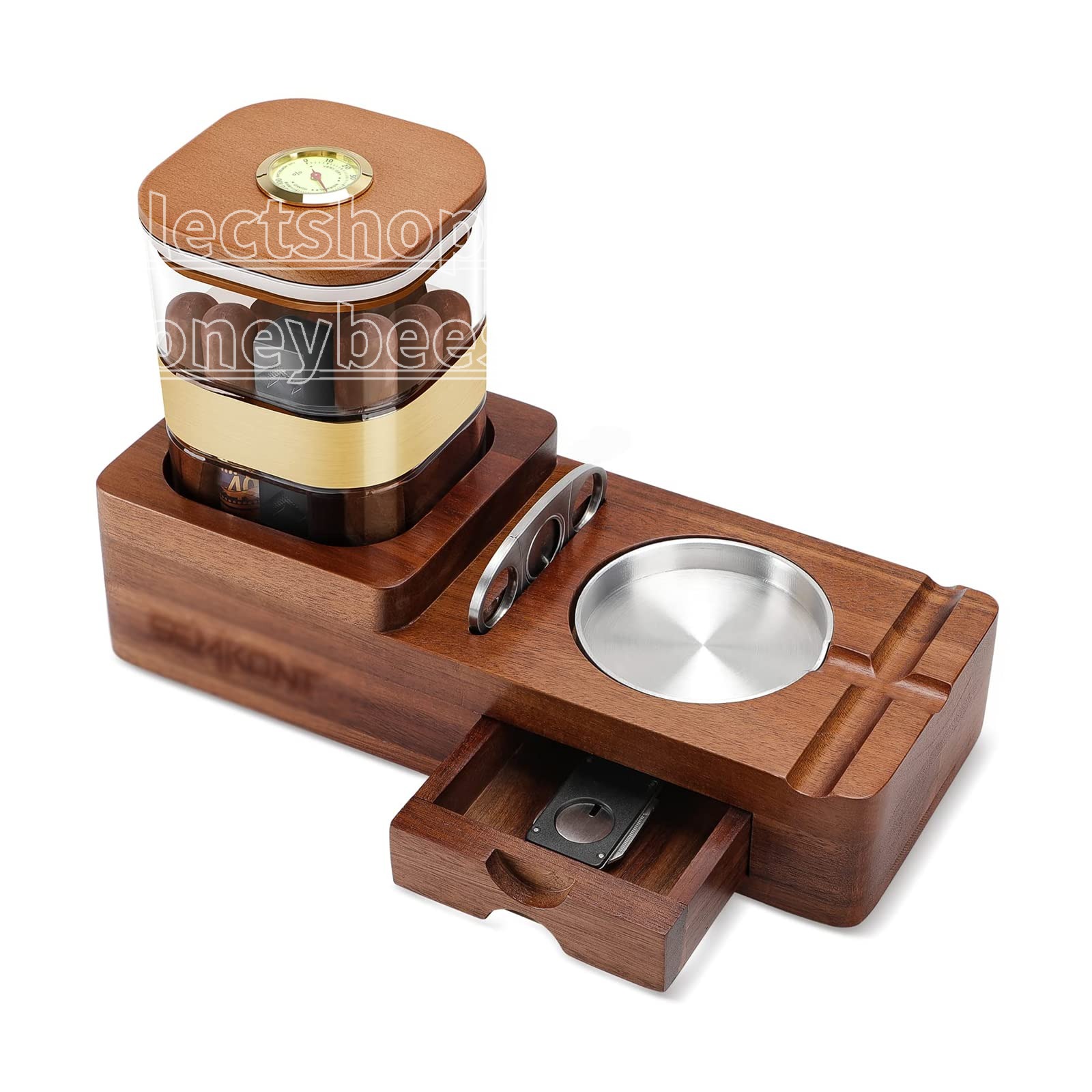 シガーヒュミドールとシガー灰皿セット、シガージャートレイ付き木製灰皿、シガーカッターホルダー、引..