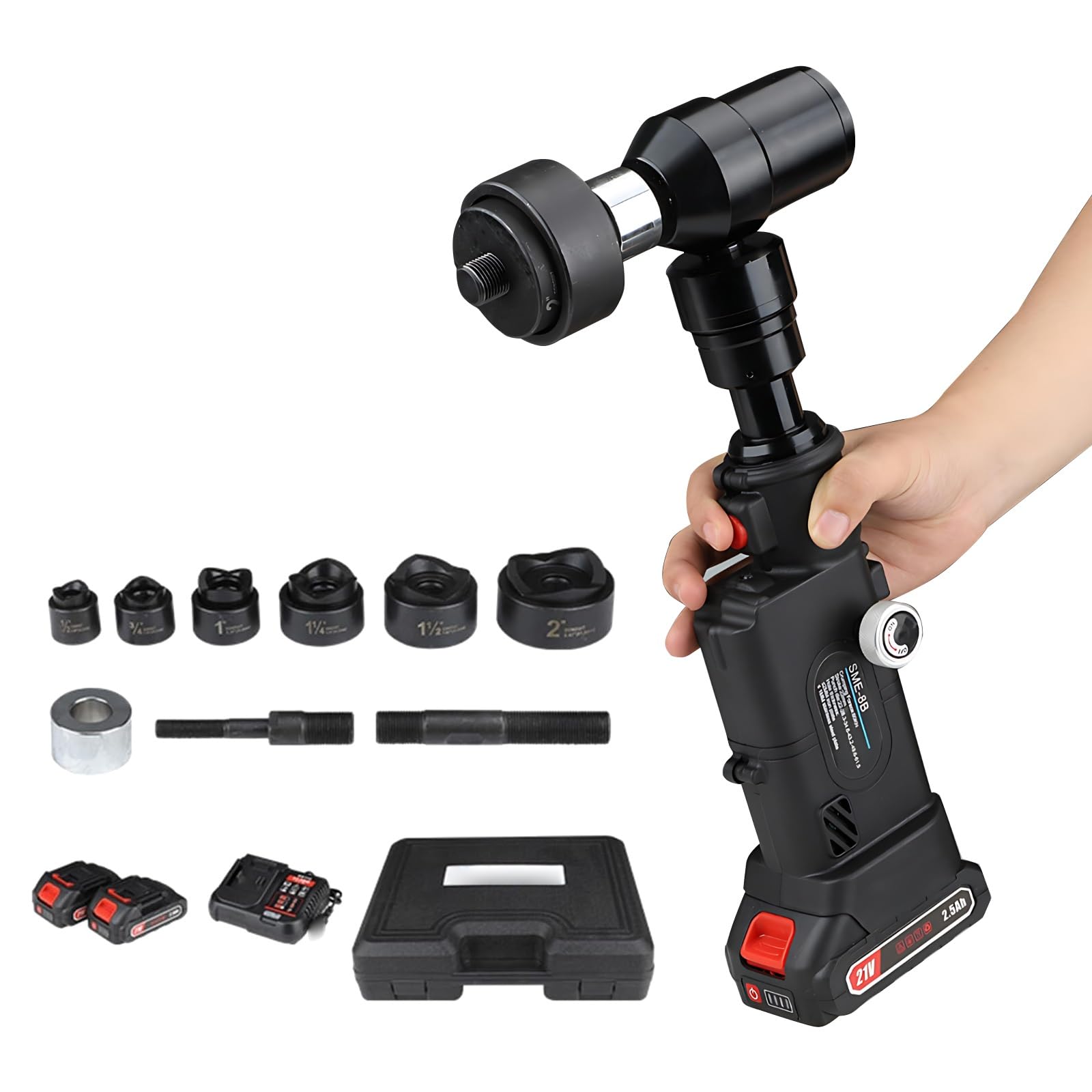 【時間限定P4倍】電動油圧式穴あけパンチ、80KNポータブル金属穴あけ機（6つのダイ付き）、22mm充電式..