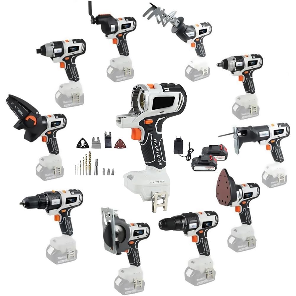 · 【多用途の10-in-1電動工具キット】レシプソー、ジグソー、丸鋸、チェーンソー、振動ツール、ドライバー、電動レンチ、インパクトなどの必須ツールを備えたこの包括的な10-in-1コンボキットで木工ゲームをレベルアップさせましょう。ドリルとサンダー。 キットには 3 つのツール ボックスが付属しており、すべての木工ニーズを簡単にカバーできます。· 【安全でユーザーフレンドリーな操作】クイックロック/リリースシステムにより工具の調整が簡素化され、アクセサリの素早い交換が可能になります。 ワンタッチのロックとリリース ボタンにより、アクセサリとベース ツール間の安全かつ安定した接続が保証され、使用中の安全性が優先されます。· 【堅牢なパフォーマンス】これらの電動木工ツールに組み込まれた高トルクブラシレスモーターで、並外れたパワーと寿命を体験してください。 従来のブラシ モーター ツールの少なくとも 10 倍の寿命を実現し、カーボン ブラシ交換の手間を省き、ツールの寿命を最大限に延ばして持続的なパフォーマンスを実現します。· 【ポータブルで人間工学に基づいたデザイン】このツールキットのコンパクトで軽量なデザインを使用して、木工プロジェクトに簡単に取り組みます。 丈夫な構造で耐久性があり、プラスチックの箱が付属しているので持ち運びに便利です。 人間工学に基づいた軽量構造のおかげで、長時間使用しても疲れません。· 【包括的なソリューション】この木工キットは、必要なすべてのアクセサリ、2 x 4.0AHバッテリー、充電器を備えたワンストップソリューションです。 BL1850B、BL1840B、BL1830B、BL1430B、BL1820B、BL1850、BL1840、BL1440、BL1415、BL1815Nなどの18V Bシリーズ リチウム電池との互換性により、中断のないワークフローを確保します。説明：木工好きな方への贈り物にぴったりです これらの実用的なツールは、自宅やオフィスで DIY や大工仕事を行う必要がある人に適しています仕様：製品名: ブラシレス電動工具コンボキット電源タイプ: 充電式リチウム電池総重量: 11kg/24.25ポンド正味重量: 12kg/6.61ポンドパッケージサイズ: 51*44.5*23 センチメートル/20.1*17.52*9.06 インチ包装内容明細書：- 1x ドリルボディ- 1x レシプロソー- 1x ジグソー- 1x 丸鋸- 1x チェーンソー- 1x 振動ツール- 1x ドライバー- 1x レンチ- 1x インパクトドリル- 1x 電気ドリル- 1x サンダー- 2x 4.0AH バッテリー- 1x 充電器ノート：1.当社の製品を受け取った後、ご質問がございましたら、お気軽にお問い合わせくださいできるだけ早く対応し、満足のいく回答をさせていただきます2. 作業ヘッドごとの使用時間にご注意くださいレシプロソー、電気丸鋸、電気チェーンソーはより多くの電力を消費します フル充電には 20 ～ 30 分、レンチネジの場合は約 1 ～ 2 時間、その他のヘッドの場合は約 3 時間かかります