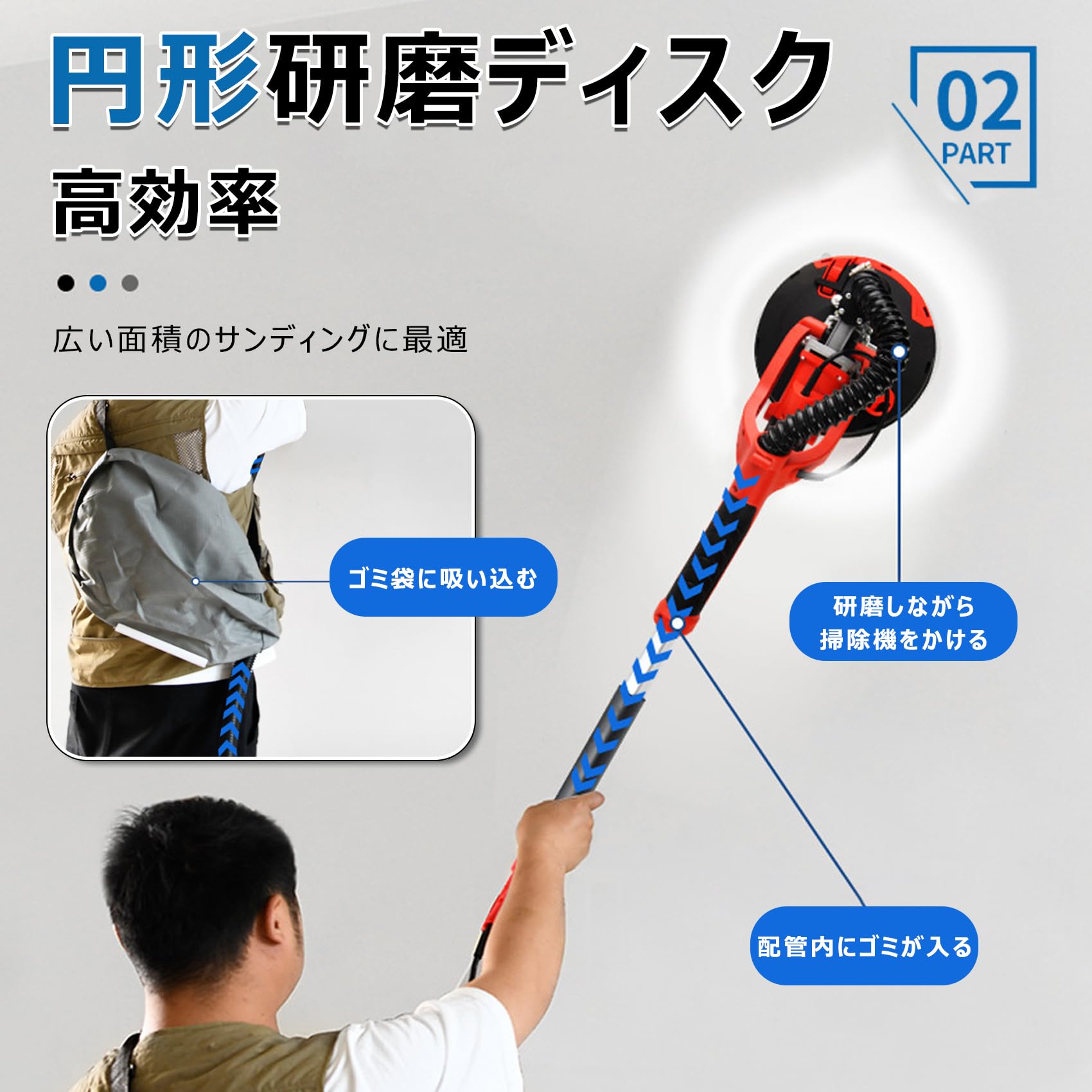 電気ドライウォールサンダー 110v 950W 電動乾式壁サンダー ディスクサンダー 6速調整 可変速度1000~1800r/min 自動掃除機 研磨機 伸縮可能 ポールサンダー 天井と壁用 収納バッグ サンディングディスクク ダブル研磨ディスク
