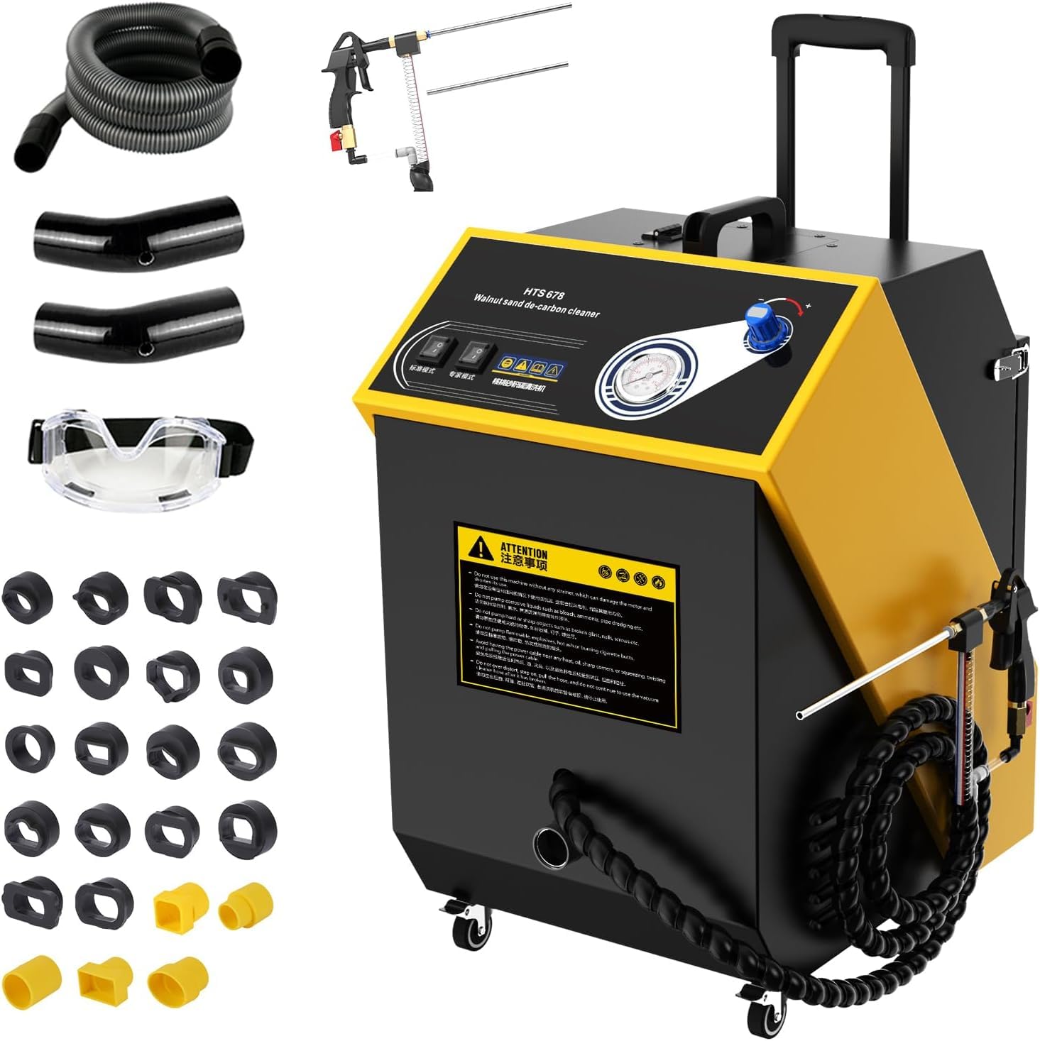 クルミブラスタークリーナーデュアルモードHTS678クルミ砂脱炭素クリーナーエンジンカーボン堆積吸気管バルブクリーナー、23車種アダプター 調整可能な圧力計 収納ボックス1800W 110 / 220V
