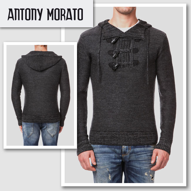 新作【ANTONY MORATO／アントニ—モラート】SWEATER WITH HOOD AND SOUTACHE ニット（グレー・GRN）/メンズ【インポート】【セレカジ】【正規品】