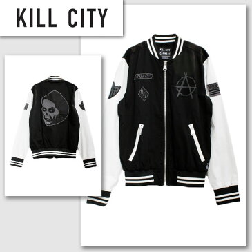 新作【KILL CITY／キルシティ】ワッペンスタジアムジャンパー（ブラック×ホワイト・BLK×WHT）/メンズ【インポート】【セレカジ】【正規品】