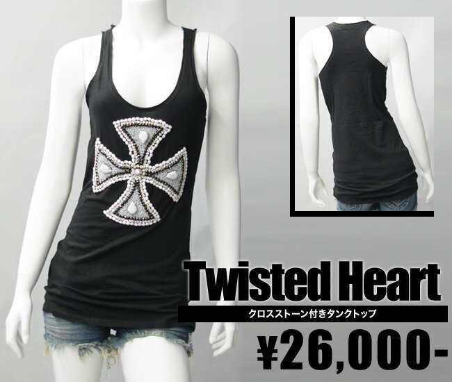 【TWISTED HEART/ツイステッドハート】クロスストーン付きタンクトップ（ブラック・BLK）/レディース【インポート】【セレカジ】【正規品】