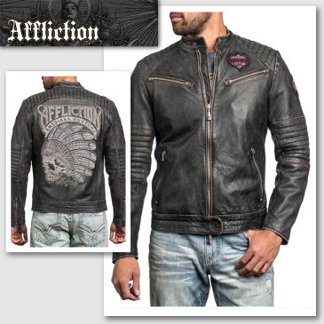 新作【AFFLICTION/アフリクション】FULL MEASURE LEATHER JACKET ワッペンスカルレザージャケット（ブラック・BLK）/メンズ【インポート】【セレカジ】【正規品】