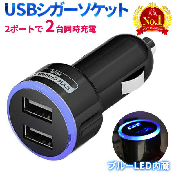 シガー USB シガーソケット カーチャージャー シガーソケット 充電 2ポート 2連 iPhone android iPad 携帯 充電器 車載 ブルー