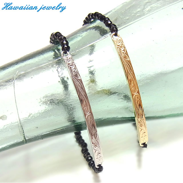 ブレスレット ハワイアンジュエリー オニキス ゴールド ピンクゴールド スチールシルバー