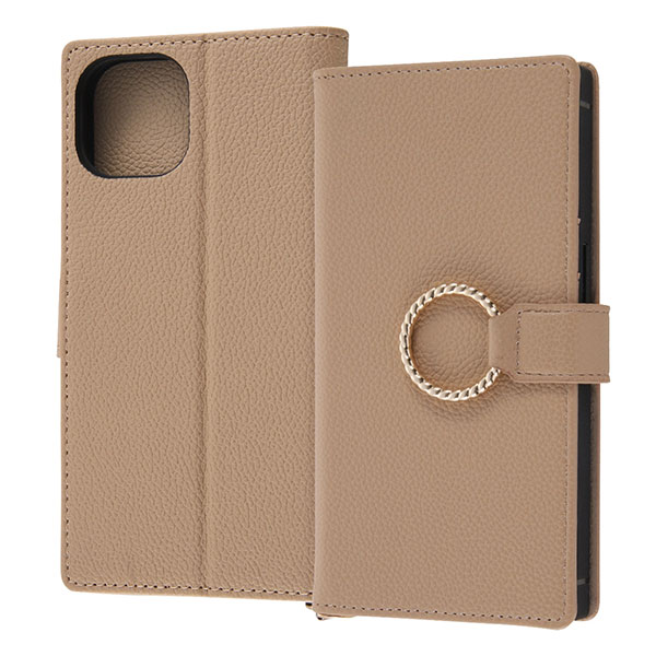 iPhone14 iPhone13 ケース 手帳型 耐衝撃 レザー KAKU Ring モカ カバー アイフォン スマホケース