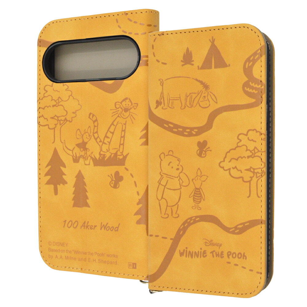 Google Pixel9 Pixel9Pro ケース 手帳型 ディズニー レザー Raffine くまのプーさん_モノトーン カバー Pixel 9 Pixel 9 Pro グーグル ピクセル 9 ピクセル 9 プロ スマホケース