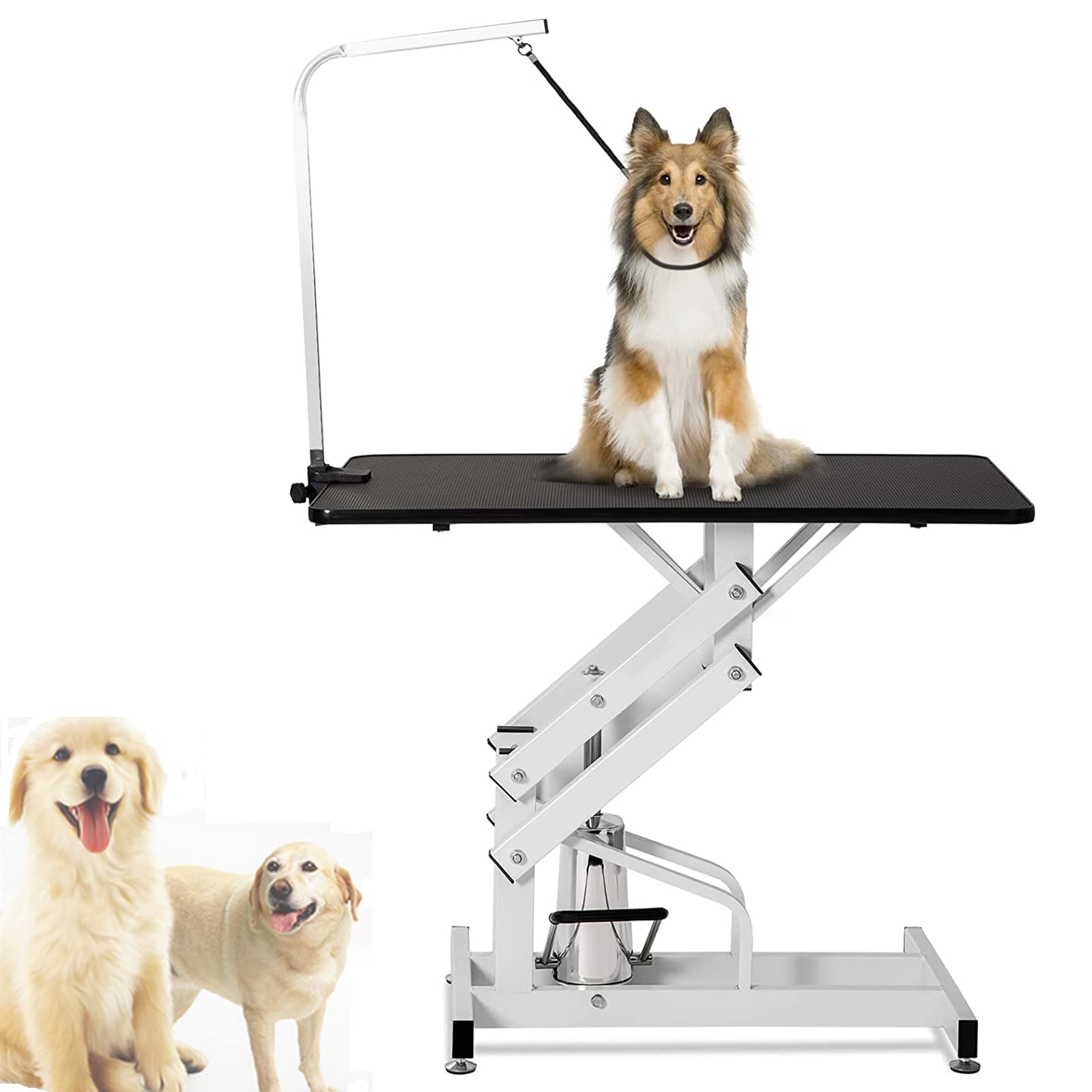 【頑丈で安全な構造】この犬のグルーミングテーブルは、最大150kgの耐荷重を持つ頑丈なスチールフレームで作られています。 犬のテーブルトップは、すべての子犬、中型犬、大型犬に適した頑丈なベースで支持されています。ミニチュアプードルシュナウザーポメラニアンサモエドパピヨンなど、【滑り止めゴム天板】テーブルトップは小石、滑り止めプラスチックとゴム複合材料で作られています。 テーブルのリブ付きラバー表面は、ペットの安全を確保し、掃除や髪の毛やゴミを簡単に取り除くことができます。【Z型油圧リフトシステム】Zリフトベースにより、犬のグルーミングテーブルは安定性を向上させ、ぐらつきや転倒を防ぎます。 犬の高さを上げることで、お風呂、トリミング、乾燥、グルーミングなどのペットの世話などにも簡単に手が届きます。【調節可能なグルーミングアーム】クランプオンの調節可能なグルーミングアームとセキュリティノーズにより、犬や子猫のグルーミングを簡単にできます。 アームに取り付けられた縄は、入浴、乾燥、ブラシ、クリップ、トリミング中にペットを安全に保ちます。工具なしで簡単に組み立てられます。【幅広い用途】ペットグルーミングテーブルはプロのペットショップグルーミングサービス用に特別に設計されていますが、ご自宅やビジネスにも適しています。猫ウサギのミニチュアのような中小のペットのすべての種類に適しプードルシュナウザーポメラニアンサモエドパピヨン子犬のすべての種類。製品サイズ：全体寸法：42.5 x 23.5 x (21～36)in高さ調節可能：21in～36in耐荷重：150KGパッケージ内容：- テーブルトップ x 1- テーブルベース x 1製品の特徴：テーブルトップはアルミ合金で覆われており、防水性があり変形しません。PUレザー製のテーブルトップは、滑りにくい柔らかな表面を実現しています。油圧式の足踏み式リフト機構で、簡単に21インチから36インチまで昇降できます。アームは高品質の金属製で、高さを自由に調節でき、あらゆるペットに適しています。テーブルの最-大耐荷重は150kgです。丈夫なロープアームには丈夫なロープが付いており、ペットをテーブルの上でしっかりと固定できます。お手入れ簡単なテーブルトップ防水性と滑り止め加工を施した柔らかいPU素材と、ペットが立ち上がりやすい洗練されたデザイン調節可能なアームペットが届きやすく、より快適なグルーミングを実現油圧式リフトグルーミングテーブルの高さは、油圧式リフトで柔軟に調整できますフットリフト設計フットリフト設計は非常に便利で、ペットの操作に手を煩わせません頑丈なスチール製頑丈な構造で高い安-定性を実現し、安-全に使用できます[品質保証]：1、当社の製品に問題がある場合は、お気軽にお問い合わせください。2、輸送中に多少の衝撃が加わる可能性がございます。万が一不具合や破損などがございましたら、部品の再送など対応させていただきますので、お気軽にご連絡くださいませ。3、商品が多いため、発送時に説明書をお送りし忘れることがございます。万が一、説明書が届いていない場合や、商品組み立てに関してご不明点がございましたら、お手数ですがご連絡いただけますようお願い申し上げます。電子版の説明書を再送させていただきますので、どうぞご安心ください。お客様にはご理解いただきますようお願い申し上げます。お客様のご支援が、私たちの励みとなっております。4、特大サイズの荷物のため、配達日時の指定はできません。ご了承ください。 1F 玄関でのお渡し となります。また配達の際に、大変恐縮ですが、お客様ご自身で荷下ろしのご手配をお願いいたします。体積デカい商品のため、運送中万が一小さい破損が起こる場合、壊れた部品を再発送することが対応可能です。返品返金受けかねます。沖縄、北海道、離島などの住所について送料は別途です。ご理解よろしくお願い申し上げます。