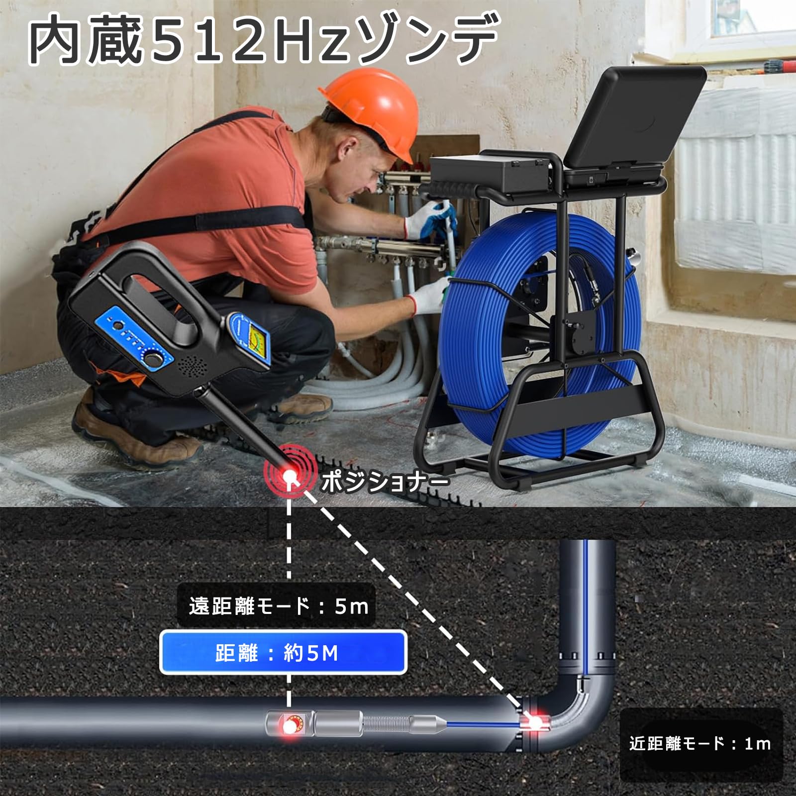 セレクトショップサンリットの管内カメラ 工業用 内視鏡カメラ 360°回転高解像度 下水管 管内検査 距離計測器付き 電子ズーム/写真撮影/音声録音/動画録画対応 自動水平調整 512Hzジンバル内蔵 ライト付き 配管点検・下水道調査用 観察｜アングル3