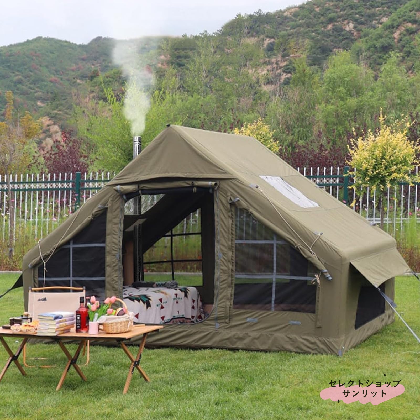 綿キャンバス、PVC床材。広々としたスペース、2～4人用テント：展開時の寸法: 300 x 200 x 200 cm。収納寸法は78×43×37cm、23kgです。このキャンプ用テントは、あなたとあなたの友人や家族に十分なスペースを提供します。2〜6人が快適に宿泊でき、友人や家族と一緒に屋外アクティビティを楽しむことができます。【通気性と耐久性に優れたデザイン】: このインフレータブル素材は、耐摩耗性に優れたコットンキャンバスとSBSジッパーで作られています。ベース生地は耐久性に優れたPVC製で、非常に強くて耐久性に優れています。息苦しさを感じることなく快適に過ごせます。通気性と防水性を合理的にバランスさせ、昼夜の温度差に耐え、冷気の流れを避け、室内環境を快適に保ち、風雨から保護します。【季節を問わず使える万能テント】：大型テントには通気性を高めるための覗き窓があり、便利な暖房用のストーブジャックも装備されています。この防水テントには、出入りが簡単な2つのドア、大きなメッシュ窓、ジッパー付きの2つのD字型アーチがあり、通気性を高めてリラックスして快適に過ごせます。【素早く簡単に設置可能】: インフレータブルテントは組み立てる必要がなく、わずか3ステップで設置できます。まず、テントを取り出した後、テントの四隅を釘で打ち、次にテントを膨らませ、最後に残りの釘を打ち、ガイロープを固定します。キャンプ、ハイキング、フェスティバルに最適【キャンプを便利にする】: キャリーバッグ、ポンプ、引き紐、十分なテントペグが付属。ハイキング、ハンティング、グランピング、バックパッキング、フェスティバルなどポンプ付きインフレータブルテント、ストーブジャックホール付き2～6人用インフレータブルテント、4シーズンキャンプテント防水防風大型エアテントポップアップテント、簡単セットアップファミリーテント仕様:インフレータブルテントハウス素材: 420dオックスフォード布、PUコーティング、防水3000mmグランドシート: 500gsmリップストップPVC、防水付属品: ポンプ、杭、支柱[品質保証]：商品をお受け取りになった後、製品に不具合や問題がございましたら、どうぞお気軽にご連絡ください。24時間以内に返信し、適切な解決方法をご案内いたします。注意:1.ご不明な点がございましたら、お気軽にお問い合わせください。必ずご満足いただける回答をさせていただきます。2.商品のサイズは手作業で測定しているため、1〜3cmの若干の誤差はご了承ください。3.モニター、撮影光、その他の要因により、製品の色は写真と若干異なる場合がありますので、ご了承ください。