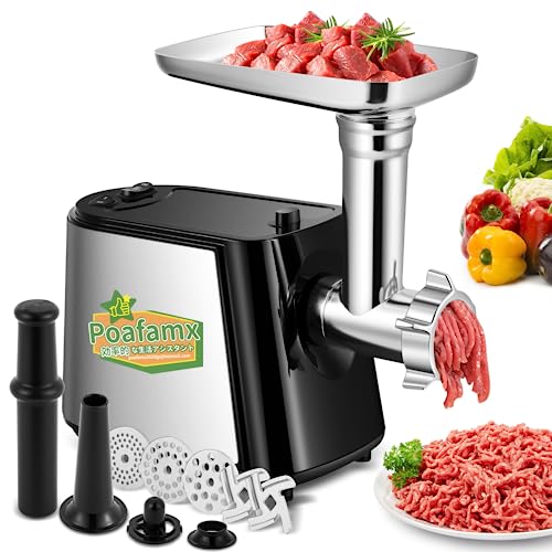Poafamx ミンサー 電動 3/5/7mm3種カットプレート付き 野菜スライサー部品三つ付き ミートローフ用部品/ソーセージノズル/ジューサー用部品付き ミンチ機 ひき肉機 肉挽き/腸詰め/みじん切り/