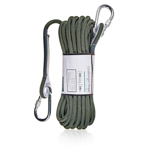 紺屋商事 多機能ロープ 10mm 長さ10m チャレンジャーロープ パラコード 牽引 クライミング 耐荷重カラビナ約900kg ロープ約1600kg アーミーグリーン色