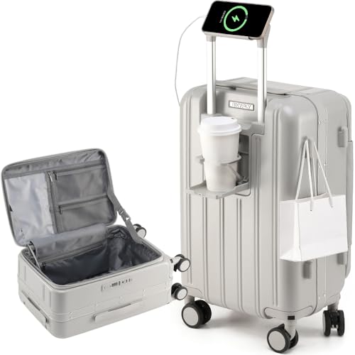 [SKYFLY] スーツケース 片開き キャリーケース 軽量 多機能 Sサイズ【キャスター 静音 360度回転 着脱可能】 キャリーバッグ 耐衝撃 アルミフレーム カップホルダー付き USBポート TSAロック フ