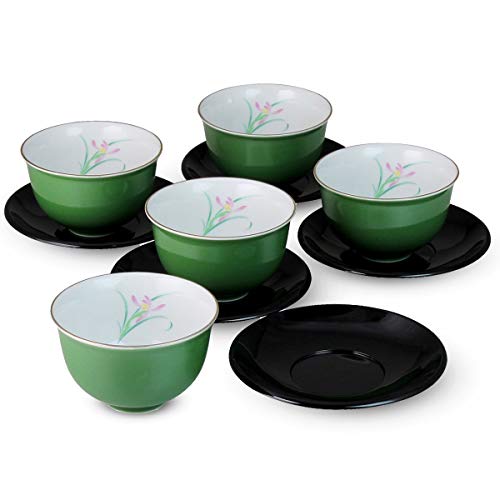 CtoC JAPAN 湯のみ おしゃれ : 有田焼 若草ラン P・C茶托付仙茶セット Japanese Cup x5pcs with saucer..