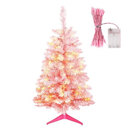 ピンク クリスマスツリー 北欧風 3 フィート 卓上 ミニ 針葉樹風 リアル LED ライト付き オ ...