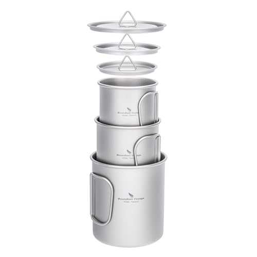 Boundless Voyage チタン マグカップ カップセット 300ml/450ml/750ml 折りたたみハンドル・蓋付き 軽量 頑丈 直火 アウトドア クッカー コッヘル ソロキャンプ マグカップ 登山 コップ アウトドア キ