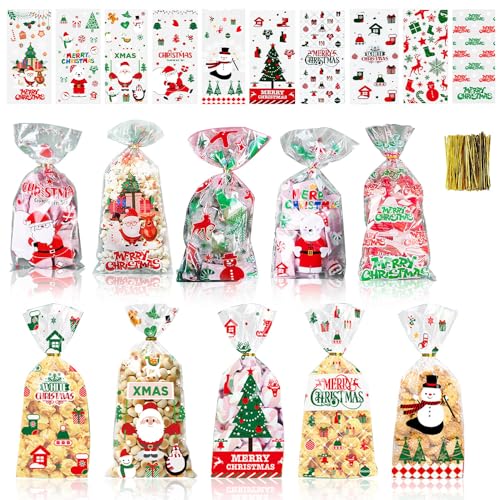 クリスマス 袋 【10柄100枚入り・100本リボン付】クリスマス ラッピング 袋 透明 クリスマス お菓子 小分け袋 プレゼント ギフトバッグ キャンディバッ...