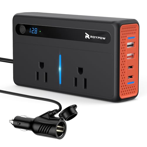 Roypow インバーター 300W DC12VをAC100Vに変換 - かー電圧表示 QC3.0急速充電対応 USB-A*2 QC3.0*1 PD*1 車載用充電器 超軽量 USB-Aポート*3 AC100V電源2口 コンパクト 12V全車種対応 修正正弦波 車中泊 ブラッ