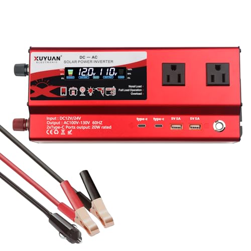 インバーター 1200W (瞬間2000W対応) DC12V/24V自動変換→AC100/110V 無音設計/過保護機能搭載 キャンピングカー・防災備蓄・太陽光発電兼用 ACポート×2 USBポート×2 typeポート×2 シガーソケットx2 国