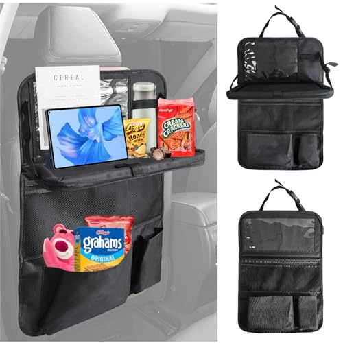 Socpuro 車用 後部座席 シートバックポケット テーブル付き 車収納 シートバックテーブル 折りたたみ式 10インチipad収納可能 汎用型 オックスフォード 防水 車 ドリンクホルダー 吊り下げバッ