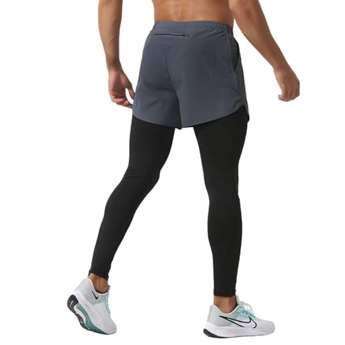 [HASECIAL] ショートパンツ付きレギンス メンズ スパッツ ランニング スポーツタイツ ポケット付 一体型 (JP, アルファベット, 2XL, グレー)