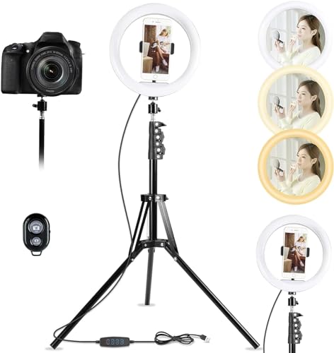 ISEEBIZ リングライト 自撮りライト 4段階伸縮式三脚 調光可能 省エネ 高安定性 360度回転可能 10インチ 照明撮影用ライト LEDリングライト 10in/高輝度3色モード/10段階調光 持ちやすい 撮影ライ
