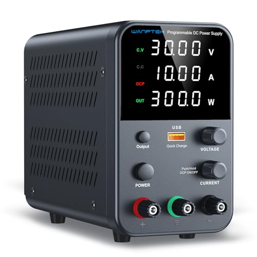 直流安定化電源 0-30V/0-10A、4桁LED高精度可変電源、18W USB急速充電インターフェイス、出力制御押しボタン/エンコーダ調整付きラボ用スイッチング電源