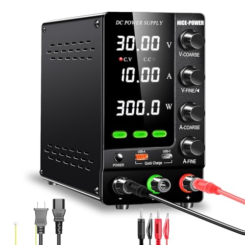 RUZIZAO 安定化電源 (0~30V 0~10A) DC安定化ベンチ電源 エンコーダノブ、OCPとOVP付き実験室電源、USBとType-C 18 W急速充電と出力スイッチ付き定電圧電源
