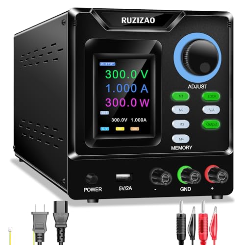 RUZIZAO 可変直流安定化電源（0-300 V 0-1 A）エンコーダノブ、メモリ、出力スイッチ、ロックボタン付き、4 桁カラーディスプレイを備え、USB-Aインタフェース、低ノイズ＆リップル、学校の実