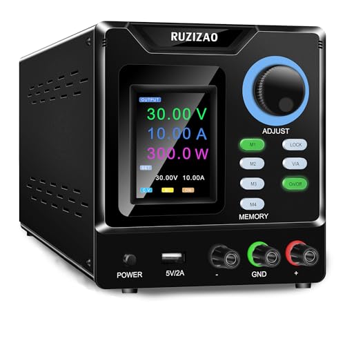RUZIZAO 直流安定化電源、0-30V 0-10A電圧電流調整、出力制御押しボタン、エンコーダーノブ、4 組のストレージメモリ、5V/2A USB充電ポート、低リップル、多重電流電圧保護、ロックアウトボタン