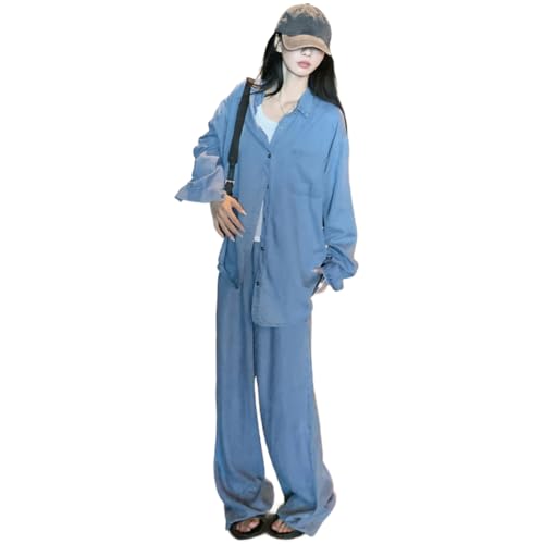 [NOLCCTN] デニム セットアップ レディース 韓国 デニム ジャケット ワイドパンツ 上下セット 2点セット アウター ロングパンツ 長袖 無地 カジュアル ゆったり ルームウェア 春 夏 秋 (JP, アル