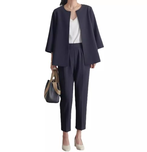 [Rayiisuy] パンツスーツ レディーススーツ 上下2点セット ノーカラージャケットスーツ 長袖 おしゃれ カジュアル ビジネス フォーマル ママ OL 通勤 オフィス 結婚式 プレゼント 春 夏 秋 (JP,