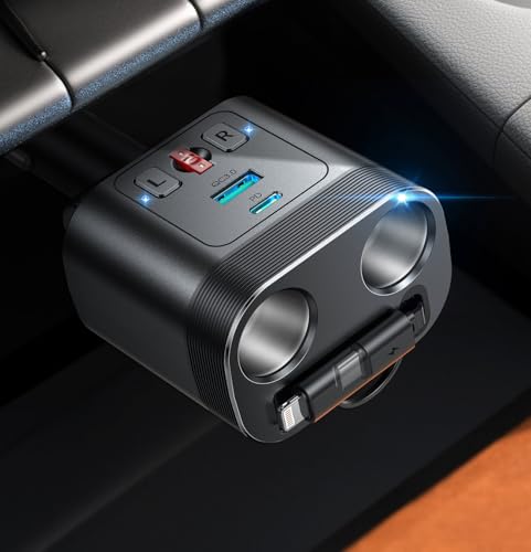 シガーソケット 増設 JOYROOM シガーソケット 2連【業界初！2in1巻き取り式充電ケーブル】5-in-1多機能車載充電器 増設分配器 カーチャージャー USB 急速充電 ヒューズ搭載 多重保護 2ソケット