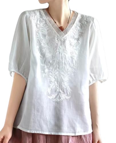 [セカンドルーツ] 刺繍 Vネック トップス プルオーバー ブラウス 涼しい 半袖 夏 レディース とろみ ゆ..