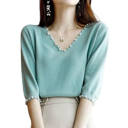 [SDSXZWG] ニット レディース 五分袖 Tシャツ Vネック 半袖 無地 パール トップス シンプル エレガント ソフト ブラウス サマーニット 薄手 ストレッチ セーター きれいでカジュアル ファッショ