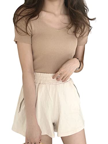 [AUSKY] レディース vネック 半袖 セーター ニット トップス リブニット タイト 無地 リブ カジュアル エレガント インナー セクシー カットソー 着痩せ 学生 大人 春 秋 冬 デート お出かけ