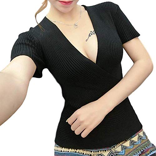 [Mitigo] 半袖 ニット ノースリーブ 長袖 トップス Vネック カシュクール レディース カットソー 胸元 セクシー Vネック Tシャツ 春 夏 秋 レディース (ブラック-半袖)