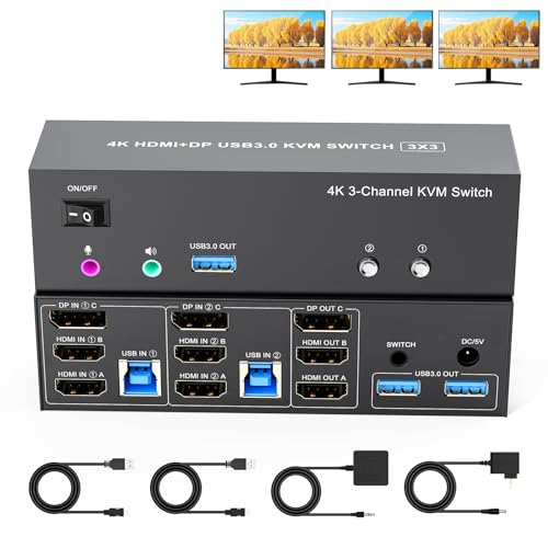 4K KVM スイッチ 3 モニター 2 コンピュータ トリップル モニター ディスプレイポート と 2 つの HDMI ..